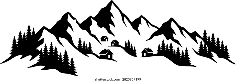 Minimalist black and white vector illustration featuring jagged mountain peaks, evergreen trees, and small cabins. This graphic is ideal for outdoor adventure branding, apparel design, and nature-themed decorative projects.