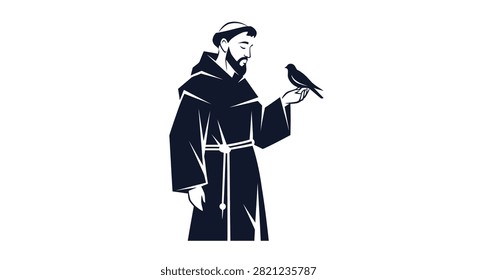 A minimalist black and white vector illustration of Saint Francis of Assisi standing and holding a small bird on his hand