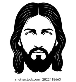 Minimalist black and white vector illustration of a male face featuring long hair and a full beard, emphasizing facial features and hair texture.