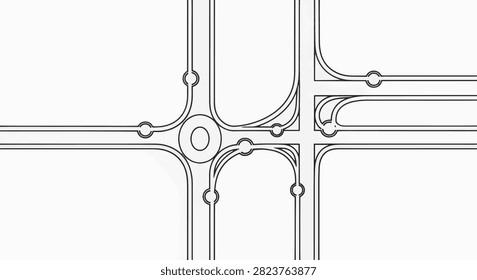 Minimalist black and white vector illustration of a complex road network pattern featuring a central roundabout, multiple intersections, highway lanes, and schematic infrastructure links.