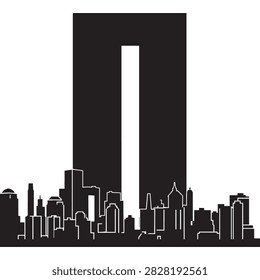 Minimalist black and white vector illustration featuring a modern city skyline silhouette positioned in front of a giant archway structure, conveying a sleek, urban, and sophisticated mood.