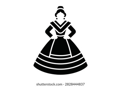 Minimalist black and white vector illustration of woman wearing traditional spanish dress for falles festival. Detailed silhouette of valencian folk lady with classic hairstyle bun.