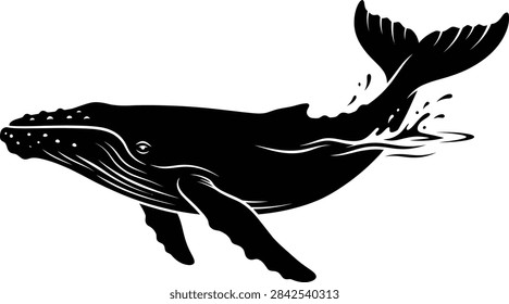 A minimalist black and white vector illustration of a humpback whale swimming with its tail splashing in the water.