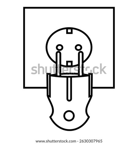 Minimalist black and white vector illustration of an electric plug inserted into a round wall socket, showing a clear and simple front view in line art style.