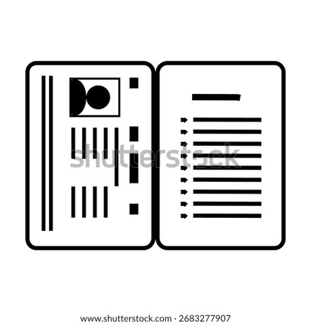 A minimalist black and white vector illustration of an open passport showing document pages with text and photo placeholder.