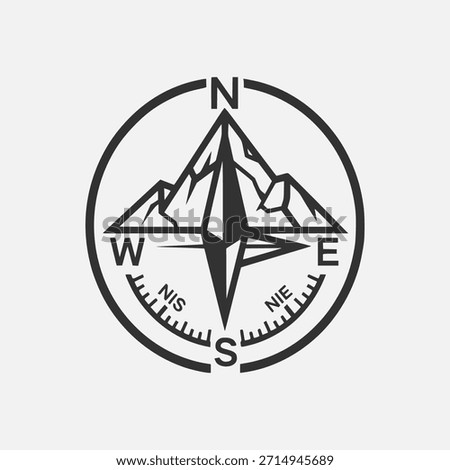 A minimalist black and white vector illustration of a compass rose with stylized mountains at its center, symbolizing adventure, exploration, and navigation in nature.