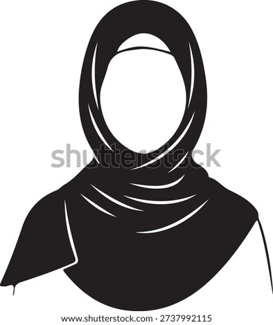 Minimalist black and white vector illustration of a young Muslim woman wearing a traditional hijab headscarf. Line art.