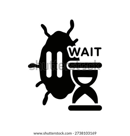Minimalist black and white vector illustration of a cartoon bug sitting on a wooden chair with a 'WAIT' sign, conveying patience and anticipation in a clean, modern style.