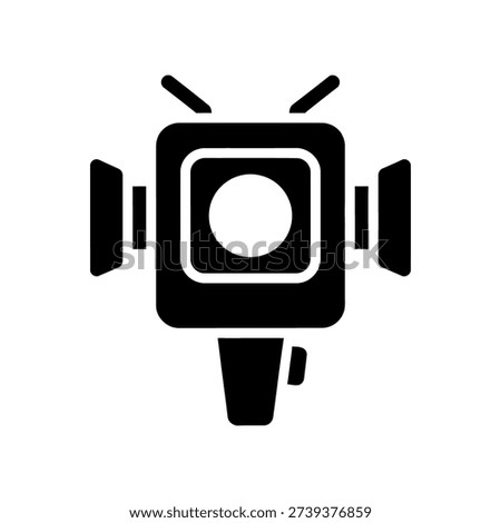Minimalist black and white vector illustration of a vintage video camera icon, perfect for media, film, and technology projects with a clean, modern aesthetic.
