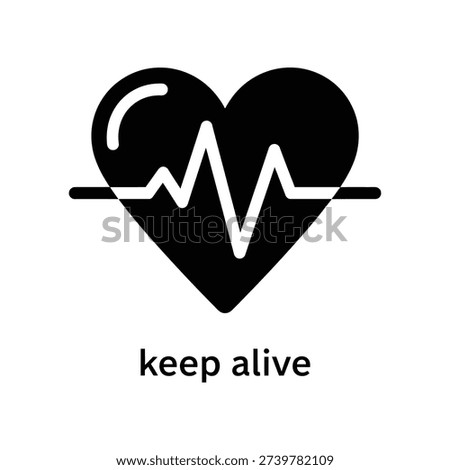 Minimalist black and white vector illustration of a heartbeat ECG line forming a heart shape with 'keep alive' text, ideal for medical, health, and wellness campaigns.