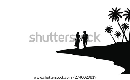 A minimalist black and white vector illustration of a man and woman in love, walking hand in hand. The graphic represents romance, togetherness, and a shared journey.