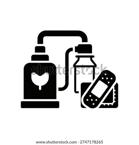 Minimalist black and white vector illustration of a first aid kit, bandages, and a heart rate monitor, ideal for healthcare, safety, and medical emergency design projects.