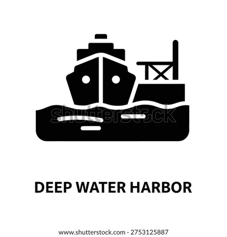 Minimalist black and white vector illustration of a busy deep water harbor with cranes and containers for shipping and logistics.