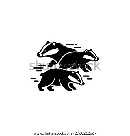 Minimalist black and white vector illustration of three badgers running, featuring a clean graphic design isolated on a white background.