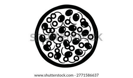 a minimalist black and white vector illustration of a pizza topped with black olives shown from above in a circular frame high-quality professional detailed