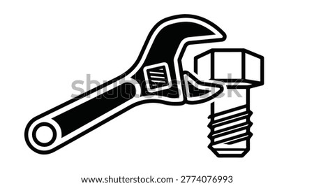 Minimalist black and white vector illustration of spanner and bolt.