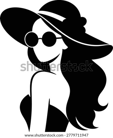 A minimalist black and white vector illustration of a fashionable woman wearing a wide-brimmed sun hat and round sunglasses, elegant summer style.