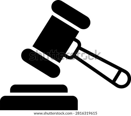 Minimalist black and white vector illustration of a wooden judge gavel resting on a solid block representing legal authority justice courtroom proceedings or official government auction house bidding activity symbols