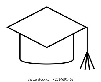 Uma imagem vetorial em preto e branco minimalista de um boné de graduação com uma borla, simbolizando a educação, a realização e a celebração do começo. Esta imagem foca no sucesso acadêmico e no reco acadêmico