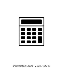 A minimalist black and white vector image displays a calculator with a display screen and number buttons, ideal for mathematical and financial concepts or illustrations.
