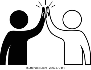 Minimalist black and white vector image depicting two people giving each other a high five, symbolizing cooperation, celebration, and success. Simple figures against white backdrop convey unity.