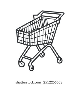 Icono minimalista de línea de Vector en blanco y negro de un Carrito de compras. Este ícono representa un Carrito estándar de una tienda de comestibles con un asa y cuatro ruedas.