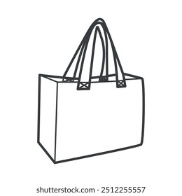 Icono minimalista de línea de Vector en blanco y negro de un bolso ecológico. Este ícono representa una bolsa de tela reutilizable que se usa típicamente para comprar y reducir los desechos plásticos.