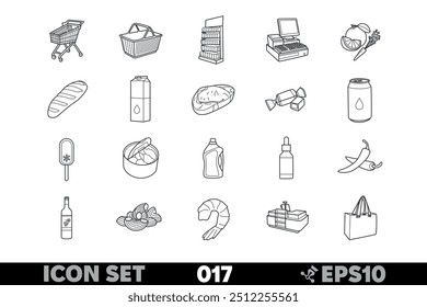 Ilustración minimalista de línea de Vector en blanco y negro con 20 íconos de tiendas de comestibles. Incluye Carrito de compras, canasta, estantes, caja registradora y más, dispuestos en un diseño cohesivo.