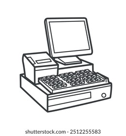 Icono minimalista de línea de Vector en blanco y negro de una caja registradora. Este icono representa una caja registradora electrónica típica utilizada en tiendas minoristas para transacciones.