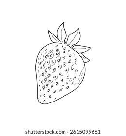 Minimalist black and white vector line drawing of a single strawberry with detailed seeds and leafy crown. Perfect for use in fruit packaging, healthy food designs, kids’ coloring pages