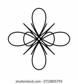 Eine minimalistische schwarz-weiße Vektorlinienzeichnung mit einem symmetrischen, vierblättrigen Blumenmotiv mit strahlenden Spitzen, einzeln auf weißem Hintergrund.