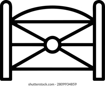 Minimalist black and white vector line art icon of a rustic farm wooden fence gate isolated on background