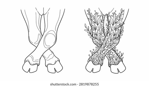 Minimalist black and white vector line art showing two sets of crossed cloven animal hooves. One version is a plain outline; the other is filled with intricate floral botanical patterns.