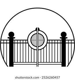 A minimalist black and white vector logo featuring a symmetrical gate design within a circular frame. Ideal for architectural, security, or design projects seeking elegance and simplicity.