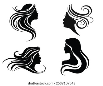 Um logotipo vetor minimalista, preto e branco com uma silhueta de perfil de mulher graciosa. A mulher tem o cabelo elegante, fluente retratado com linhas suaves, curvilíneas que sugerem movimento e sofismas