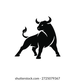 Minimalist black and white vector logo of a powerful bull in a dynamic standing pose. Bold silhouette with strong muscular form, sharp horns, and clean negative space. Flat graphic design suitable for finance, stock market, investment, sports, strength, and modern branding. Isolated on white background with no text.
