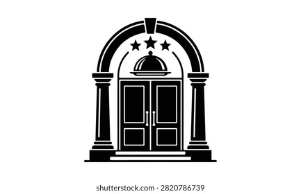 A minimalist black and white vector logo design featuring an elegant hotel entrance with arched doorway, decorative columns, three stars, and a silver serving cloche icon above the door.