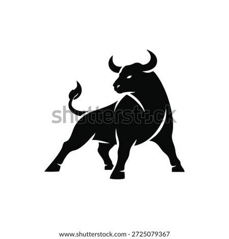 Minimalist black and white vector logo of a powerful bull in a dynamic standing pose. Bold silhouette with strong muscular form, sharp horns, and clean negative space. Flat graphic design suitable for finance, stock market, investment, sports, strength, and modern branding. Isolated on white background with no text.
