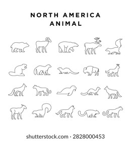 Minimalist black and white vector outline illustrations of various North American wildlife. Ideal for educational resources, design, and infographics.
