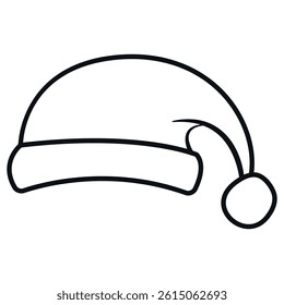 A minimalist black and white vector of a Santa Claus hat, featuring a curved top and a fluffy pom-pom. Perfect for festive designs, holiday graphics, and Christmas decorations.