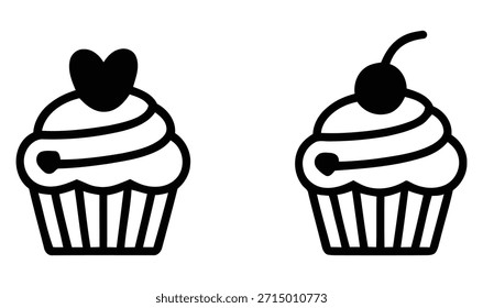 Ein minimalistisches schwarz-weißes Vektorset mit zwei verschiedenen Cupcake-Designs, das eine mit einer Herzform und das andere mit einer klassischen Kirsche, perfekt für Food-Design-Projekte.