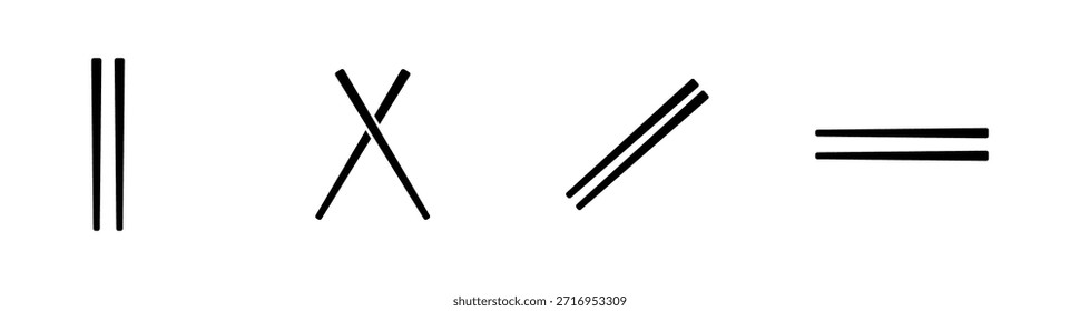 Vetor minimalista preto e branco conjunto de pauzinhos em quatro posições: vertical, cruzado, diagonal e horizontal.