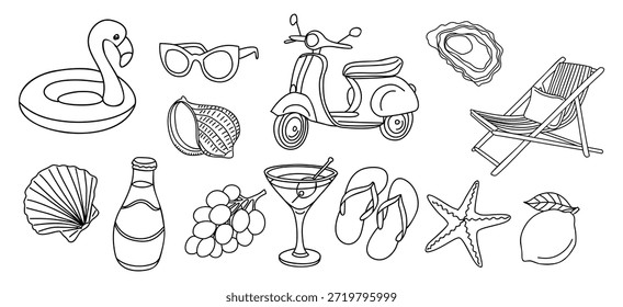 Conjunto de Vector minimalista en blanco y negro de iconos de estilo de vida de verano inspirados en el ocio, los viajes, la playa y el sentimiento de vacaciones de dolce vita. Dibujos de contorno aislados sobre fondo blanco