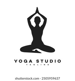 Minimalist black and white vector silhouette of person in a yoga pose. Design branding yoga studios, meditation centers, and fitness-related services. Conveys balance, peace, and well-being.