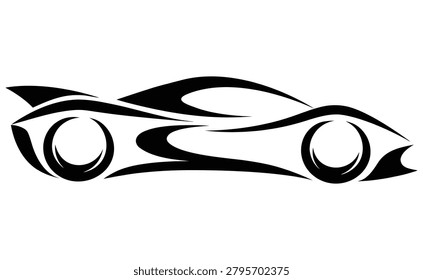 Minimalist black and white vector silhouette of a modern hypercar in sharp contrast