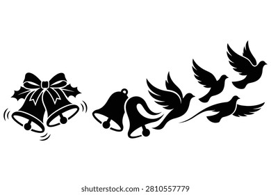 Minimalist black and white vector silhouette of ringing Christmas bells magically transforming into a flock of flying doves