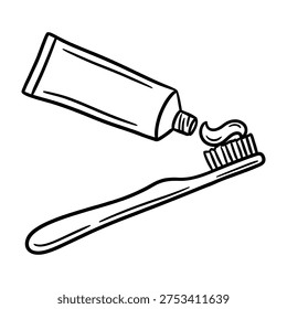 A minimalist black and white vector sketch showing toothpaste being applied to a toothbrush, perfect for dental care education, coloring pages, and oral hygiene icons