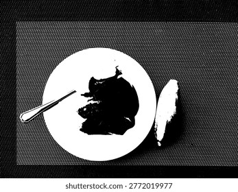 Minimalist black and white vector of sliced papaya and melon on a plate with a banana on a textured table. High-contrast pop-art style illustration for healthy food and culinary design.