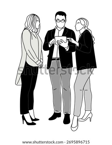Minimalist black and white vector of three business professionals in a casual meeting. Clean modern style, tablets, masks, and conversational poses in a corporate setting.