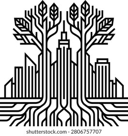 Minimalist black and white vector of a tree merging with a modern city skyline isolated on white